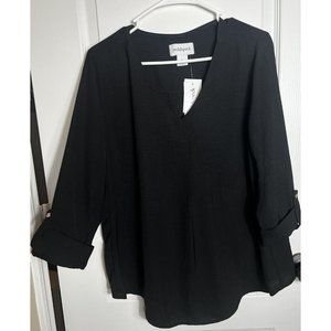 Peck & Peck NWT Top Women’s Sz Large Black V Neck Long Sleeve Silver Tone Button